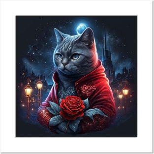 British Shorthair And Red Rose Posters and Art